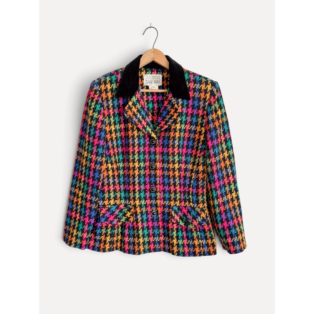 Lois Snyder Dani Max Blazer Houndstooth 14 Multi-Color Velvet Collar Vintage
